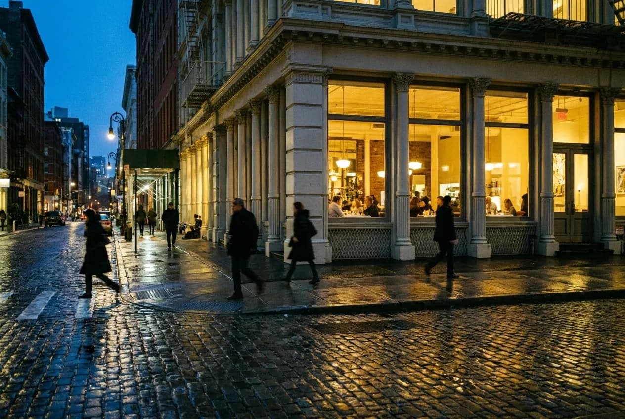 A SoHo street corner at dusk with cast-iron buildings and glowing restaurant windows in Manhattan