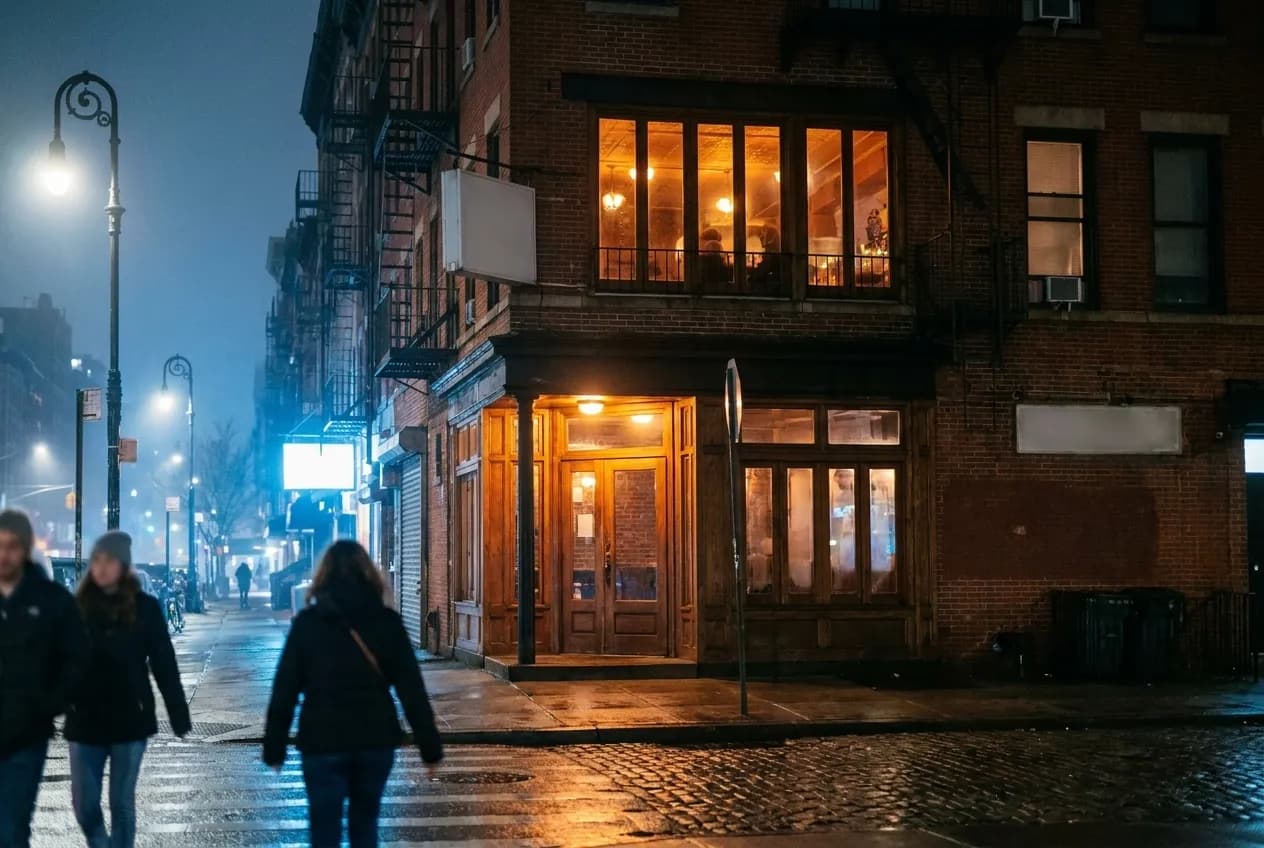 A night view of a Manhattan street in Alphabet City with warm light from a second-floor bar entrance.