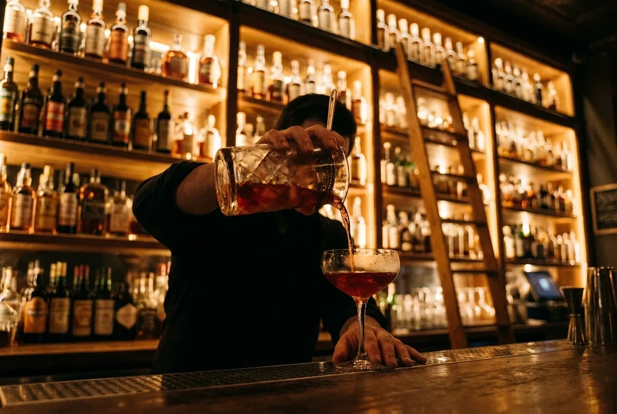 A bartender pours a cocktail with shelves of amaro bottles glowing in the background.