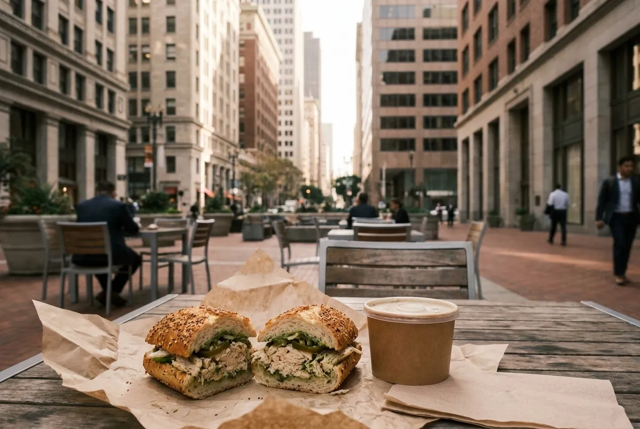 A dutch crunch sandwich with chicken and jalapeños on an outdoor table in a Financial District plaza.