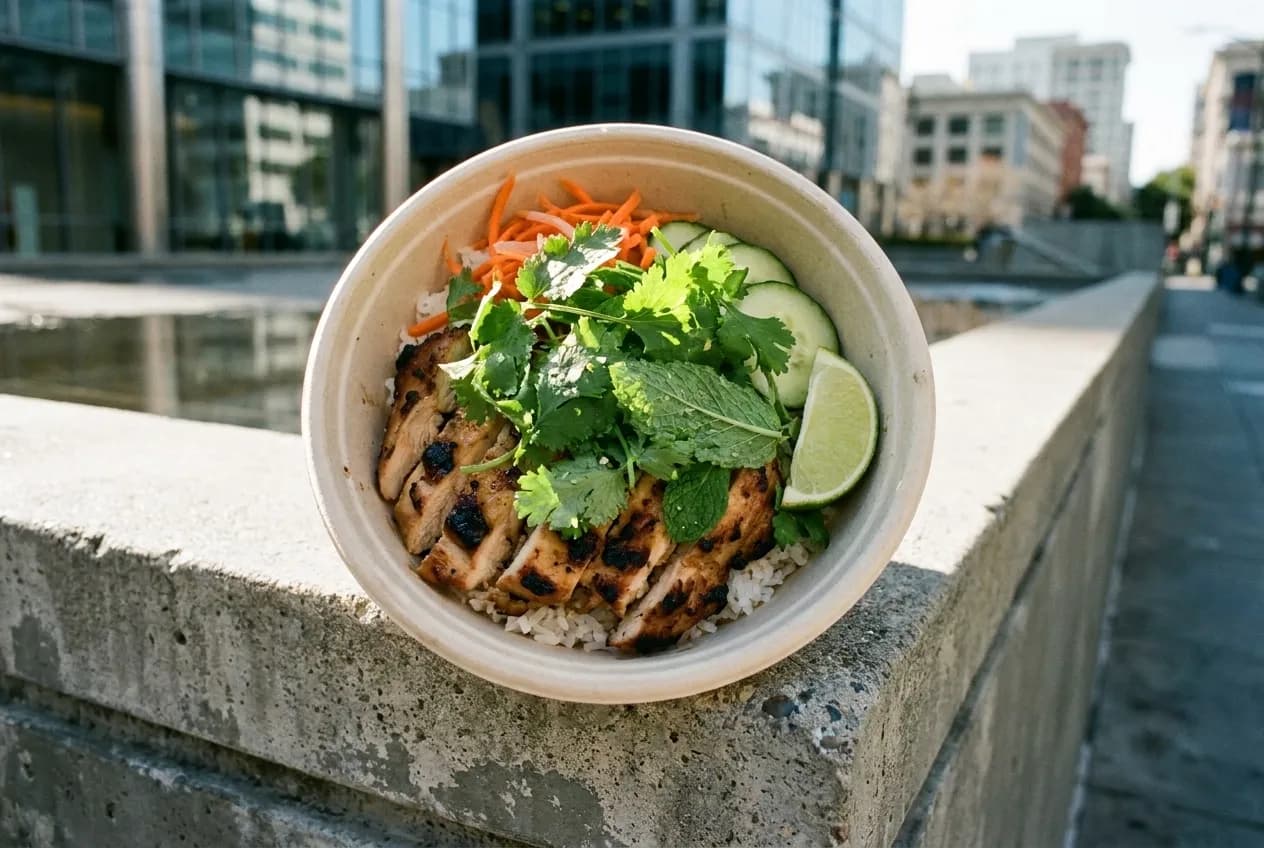 A Vietnamese lemongrass chicken bowl with fresh herbs and lime in a takeout container on a city ledge.