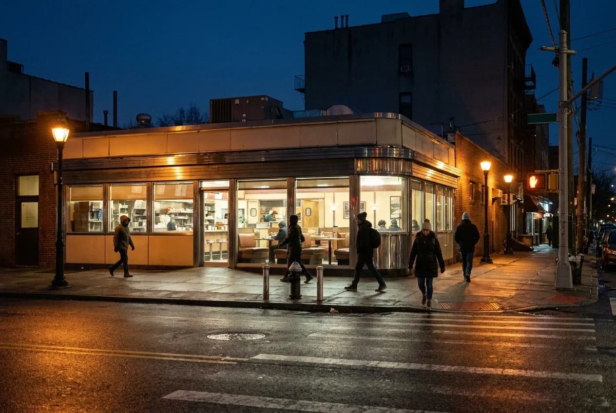 A corner diner in Williamsburg at night with lit windows and pedestrians on the sidewalk