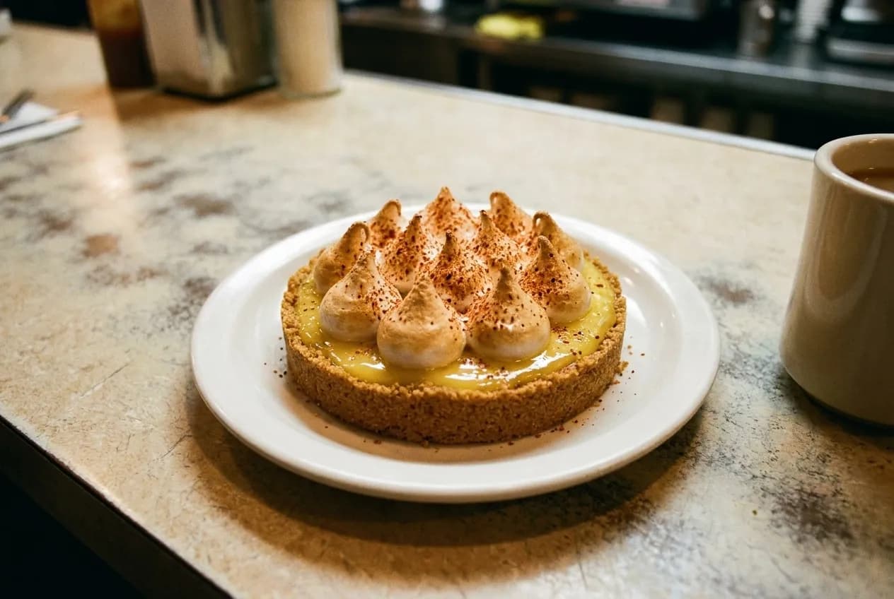 A passion fruit tart with toasted meringue and Tajín on a plate at a diner counter