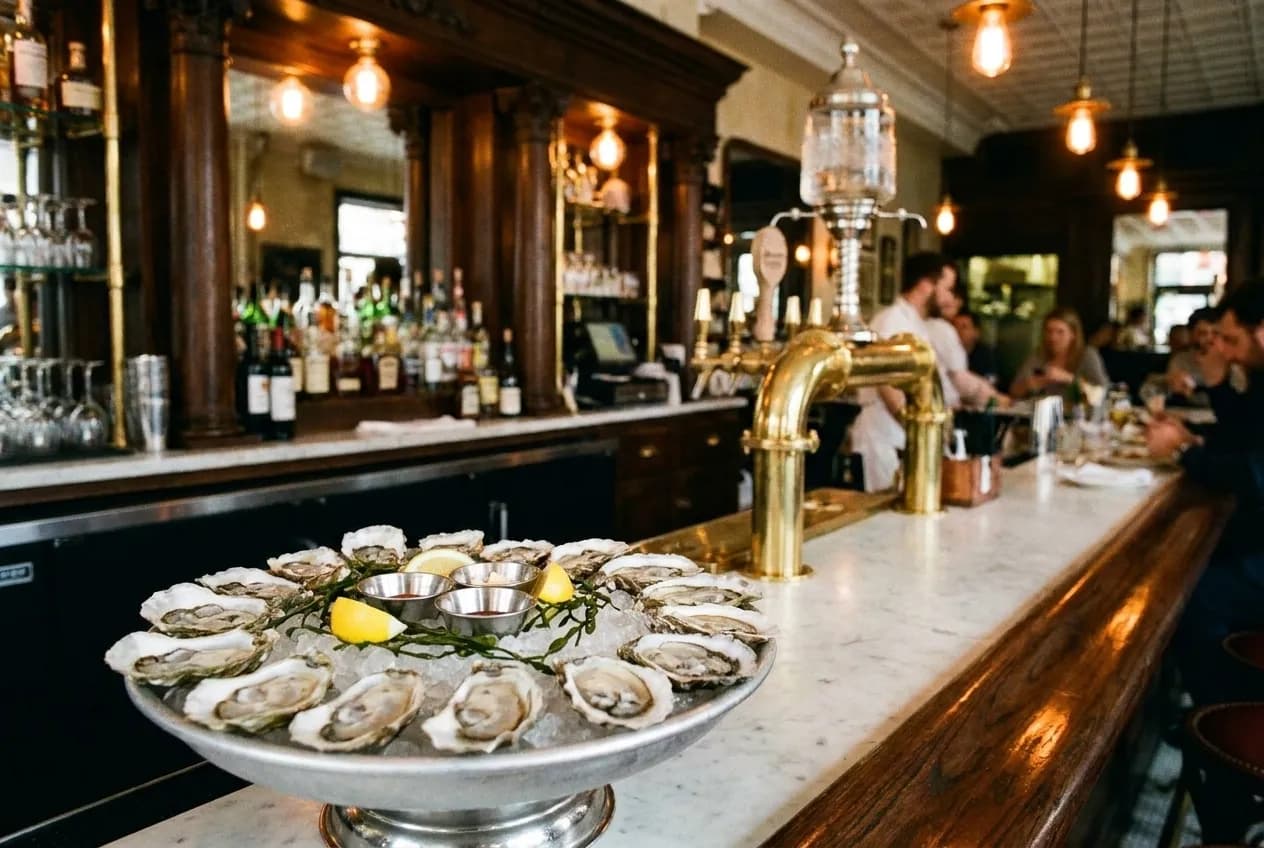 Marble oyster bar counter with fresh shellfish on ice and vintage brass fixtures under warm lighting.