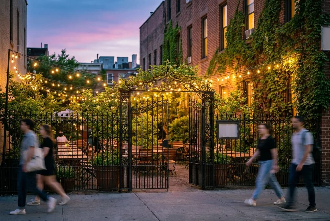 Restaurant garden patio with string lights and green foliage at twilight on a Brooklyn street.