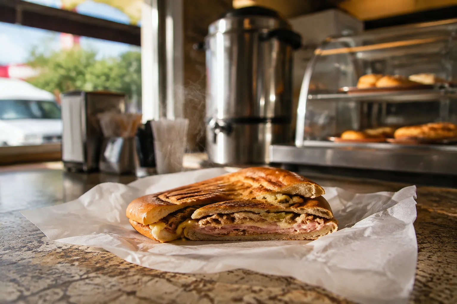 Pressed Cuban sandwich on wax paper at a Little Havana counter with natural afternoon light