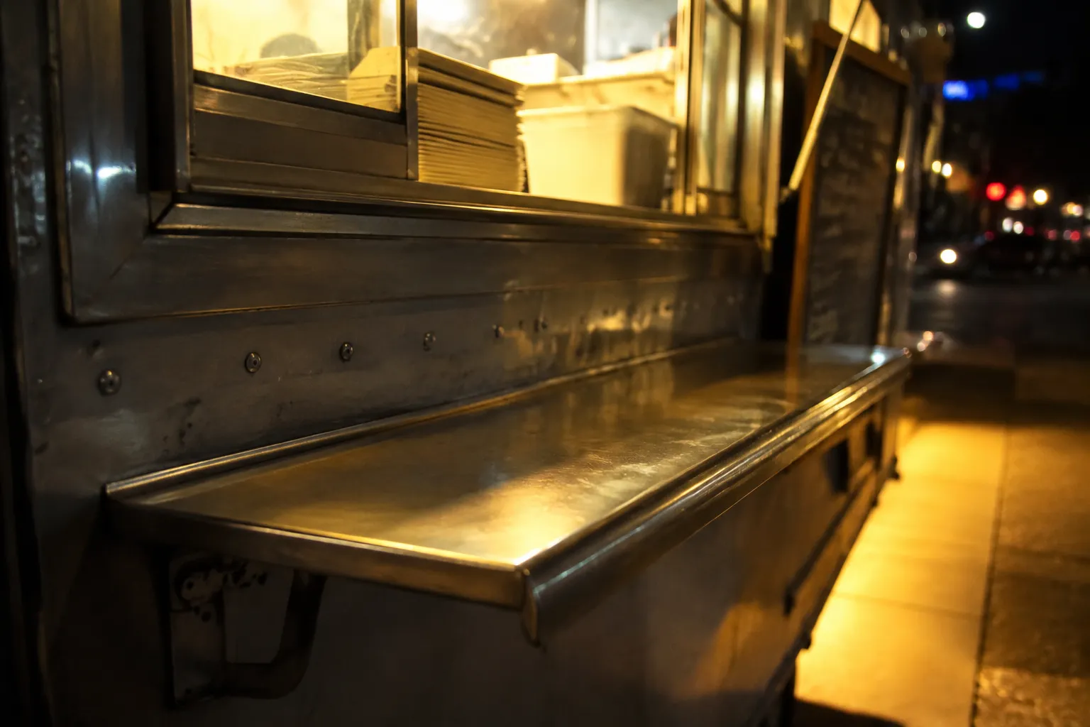 Taco truck serving window at night with warm interior light