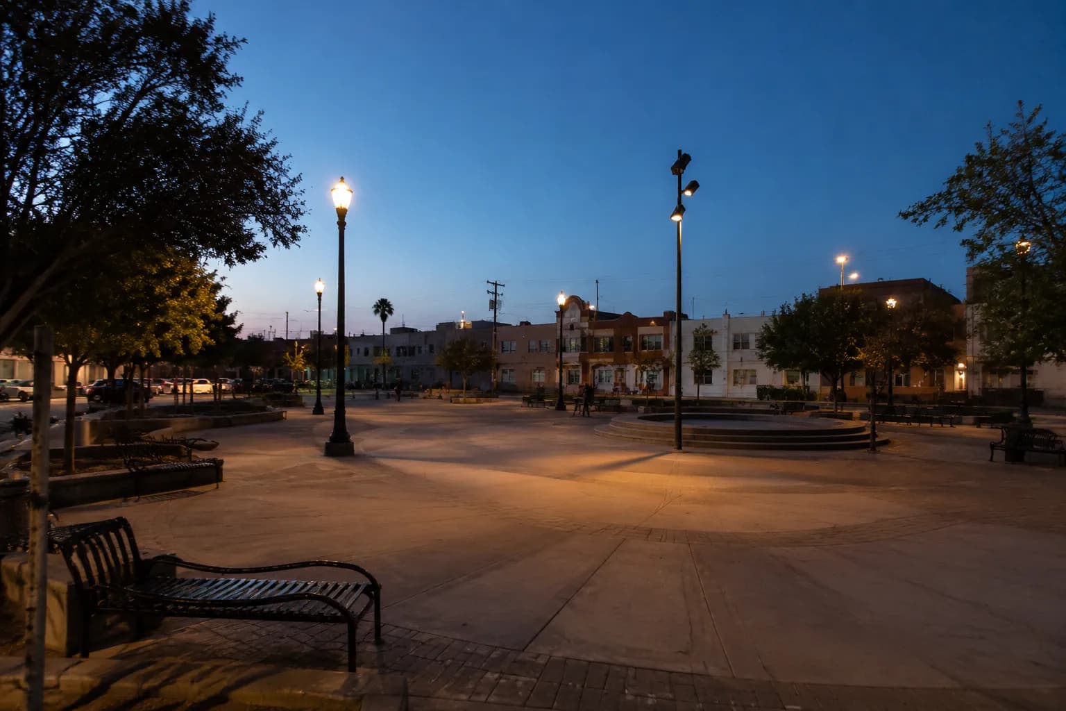 Mariachi Plaza in Boyle Heights during early evening with streetlights