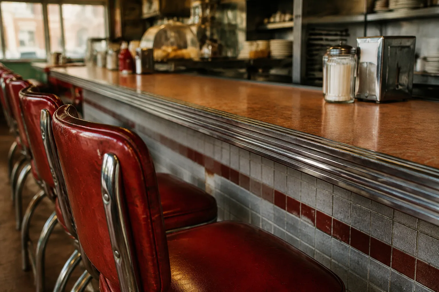 Classic diner counter with red vinyl stools and laminate surface in New York