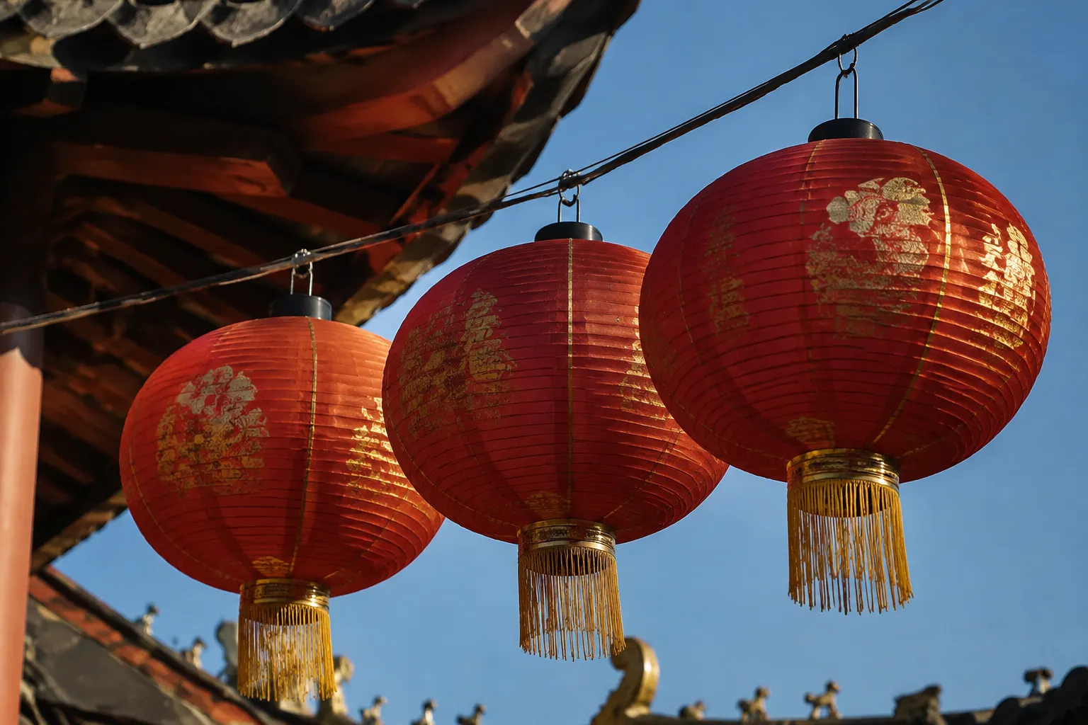 Red paper lanterns hanging above Broadway in Los Angeles Chinatown with traditional tile roof edge visible against blue sky