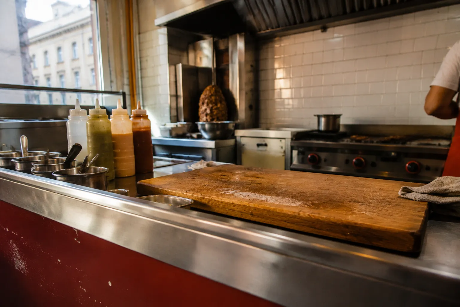 Taqueria counter in San Francisco Mission District with grill and prep area