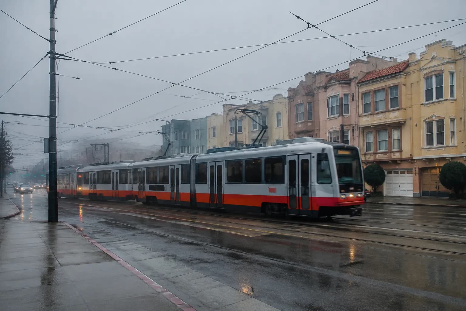 N-Judah Muni streetcar on Judah Street in the Outer Sunset with fog