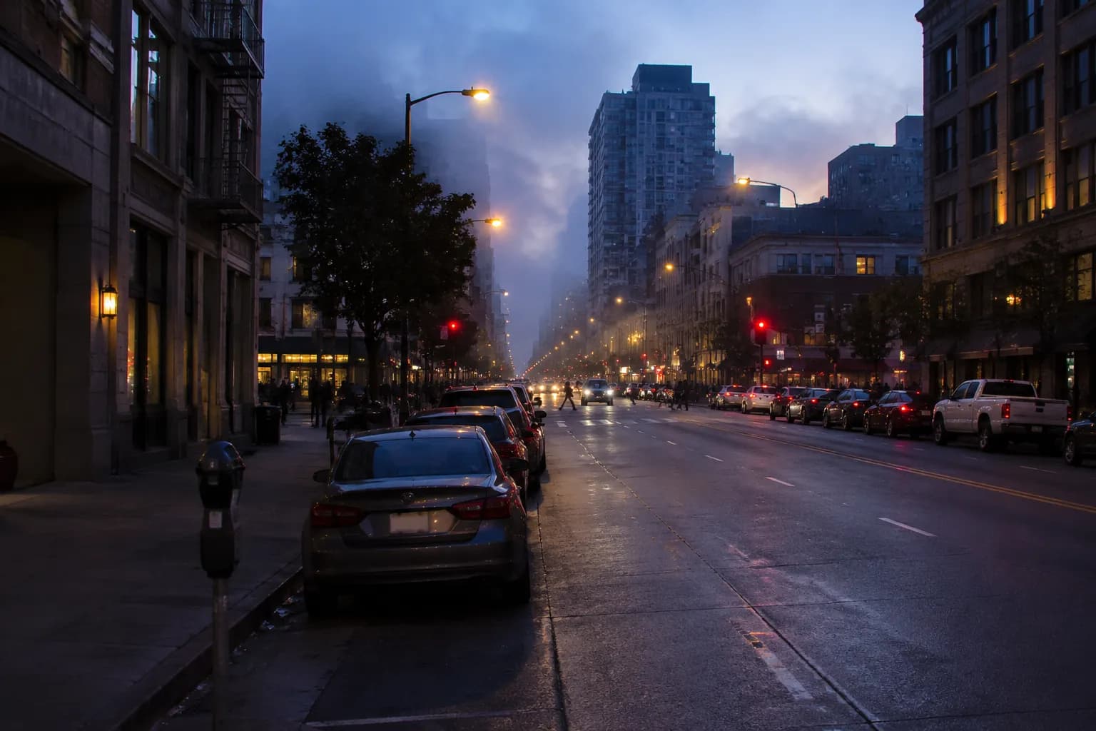 South Van Ness Avenue at dusk in San Francisco, wide street with metered parking and fog rolling in