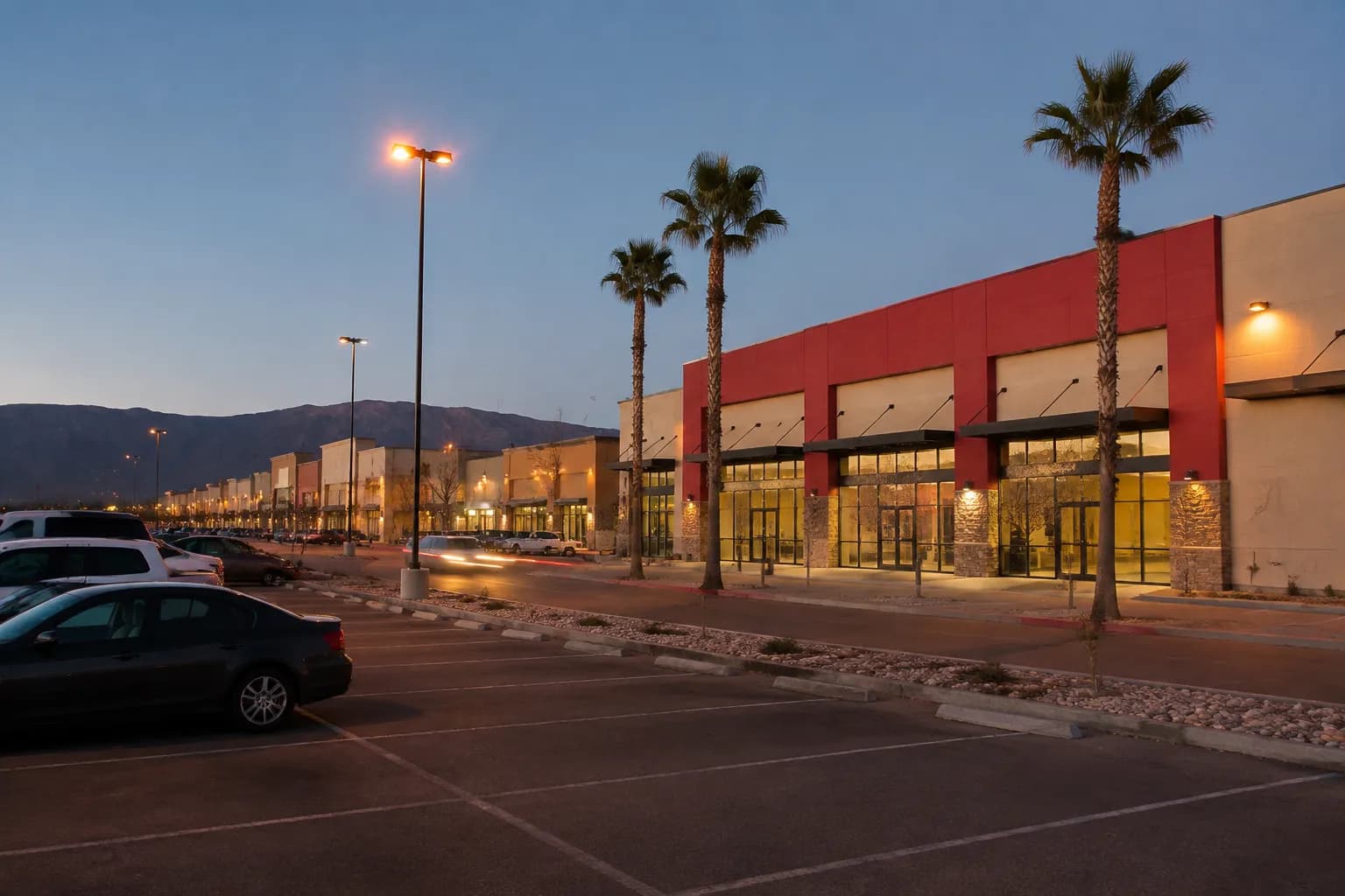 Empire Center shopping complex in Burbank at dusk with parked cars and storefronts