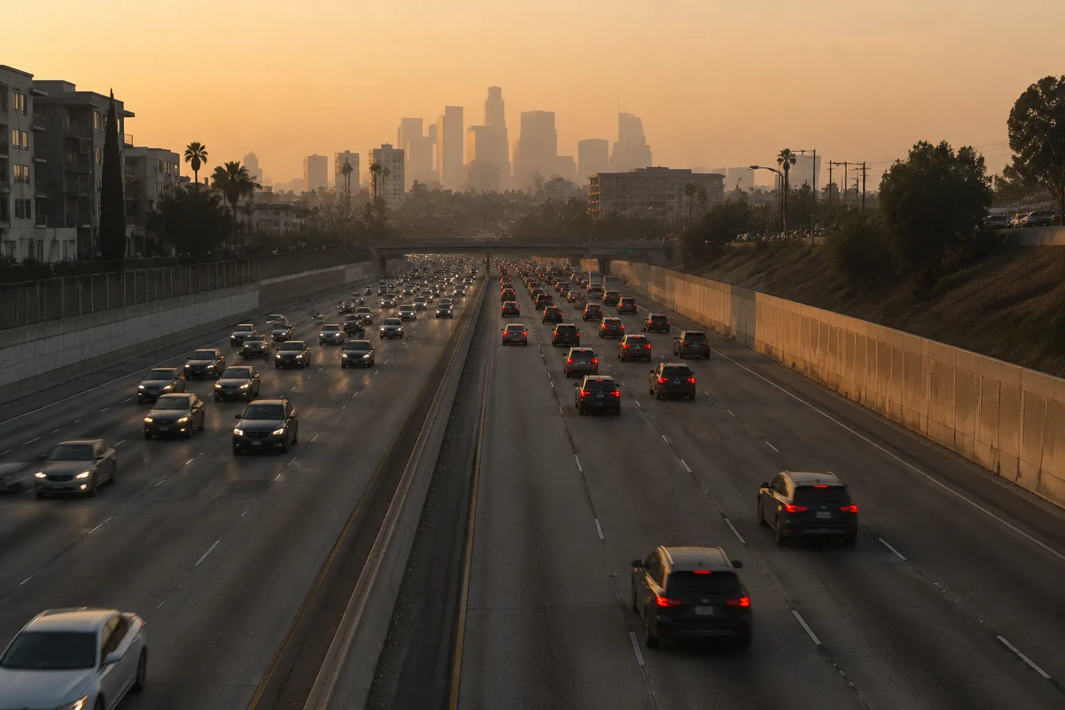 Interstate 5 freeway in Los Angeles with evening traffic and distant downtown skyline