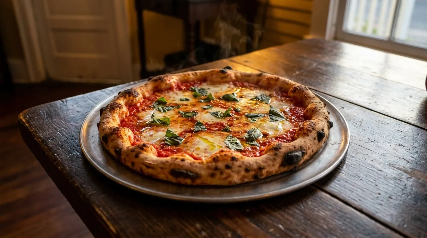 A wood-fired margherita pizza with charred crust and fresh basil on a metal tray in a Miami restaurant