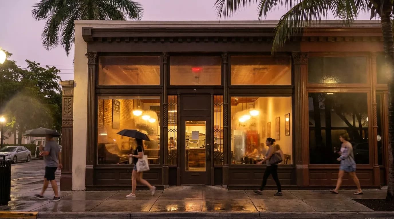 A pizzeria storefront glowing at dusk on Grand Avenue in Coconut Grove, Miami