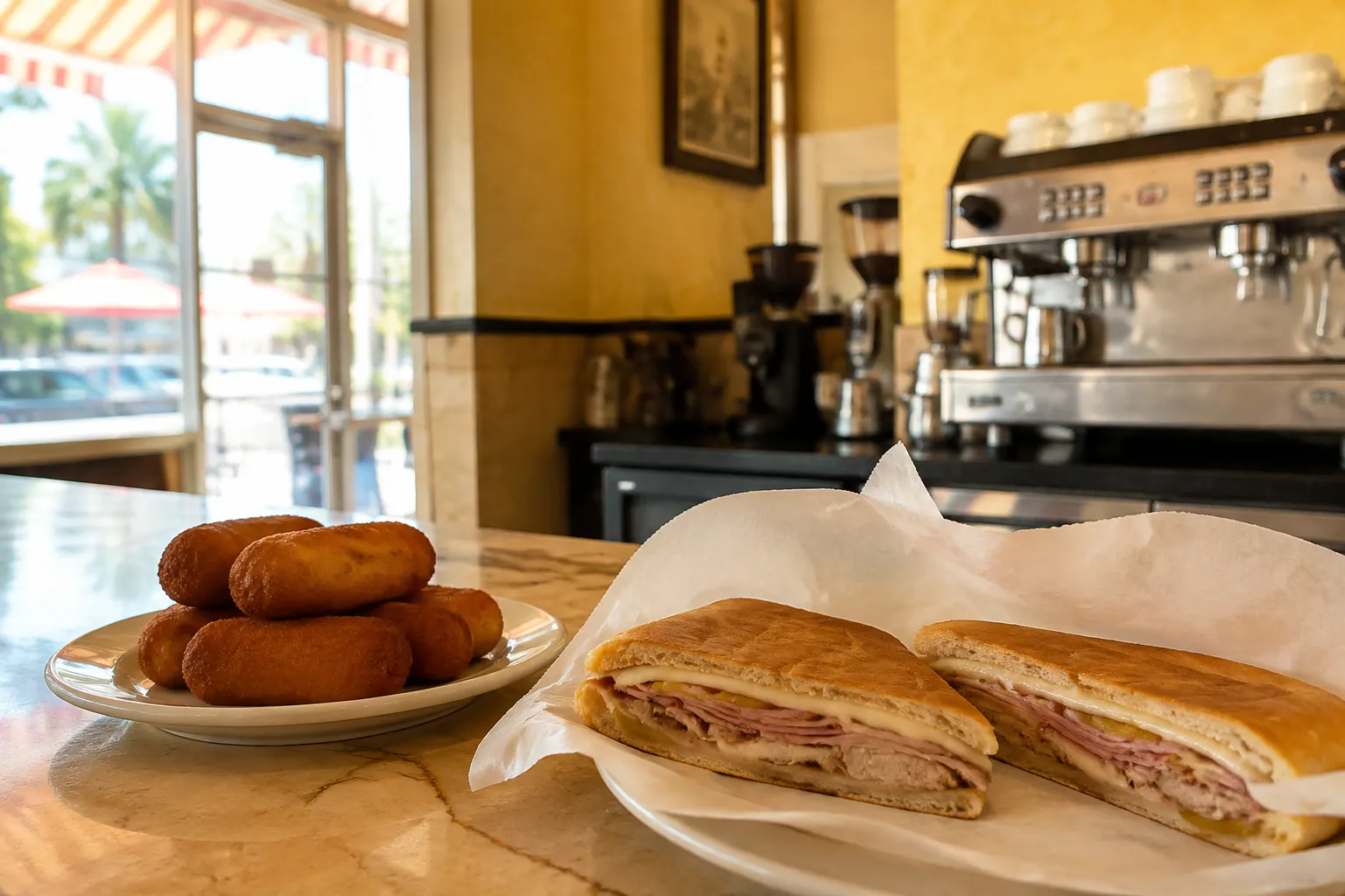 Cuban sandwich and croquetas on a cafe counter in Little Havana, Miami, with morning light coming through the windows
