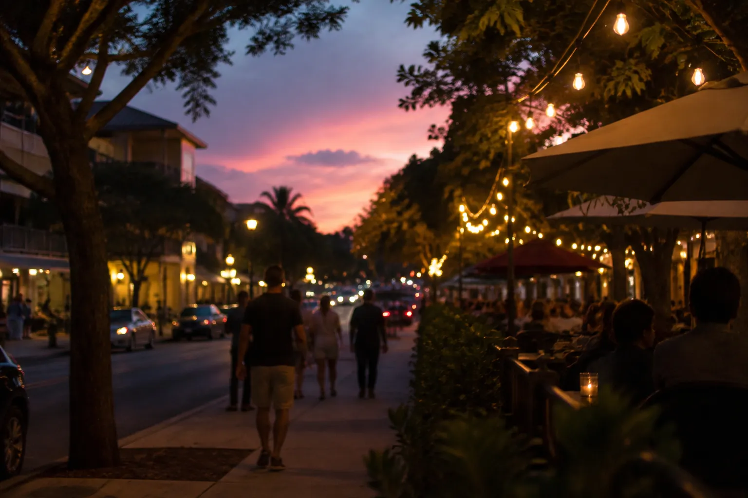 Grand Avenue in Coconut Grove at dusk with restaurant patios lit by string lights and pedestrians walking the sidewalk