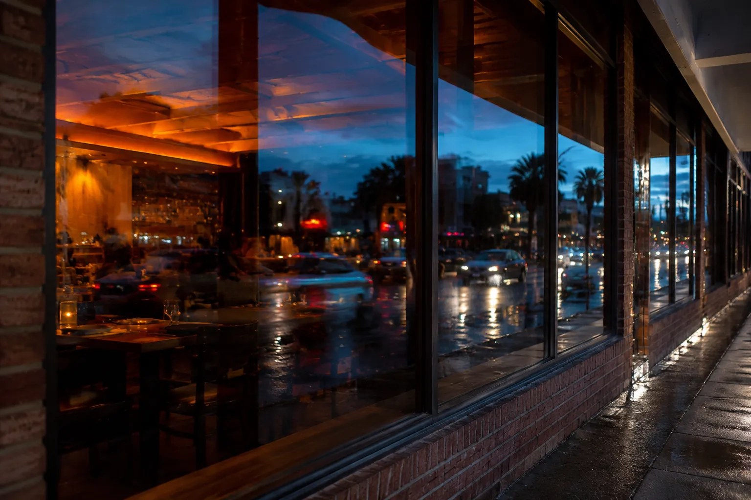 Restaurant window on Biscayne Boulevard at twilight reflecting car lights and neon with diners visible inside