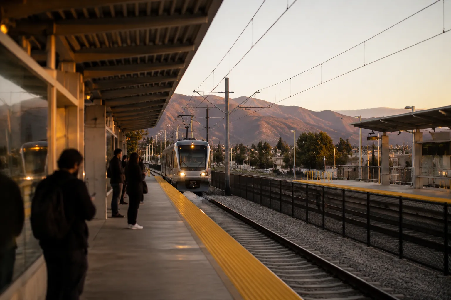 Metro Gold Line platform at Highland Park station with approaching train and mountain backdrop
