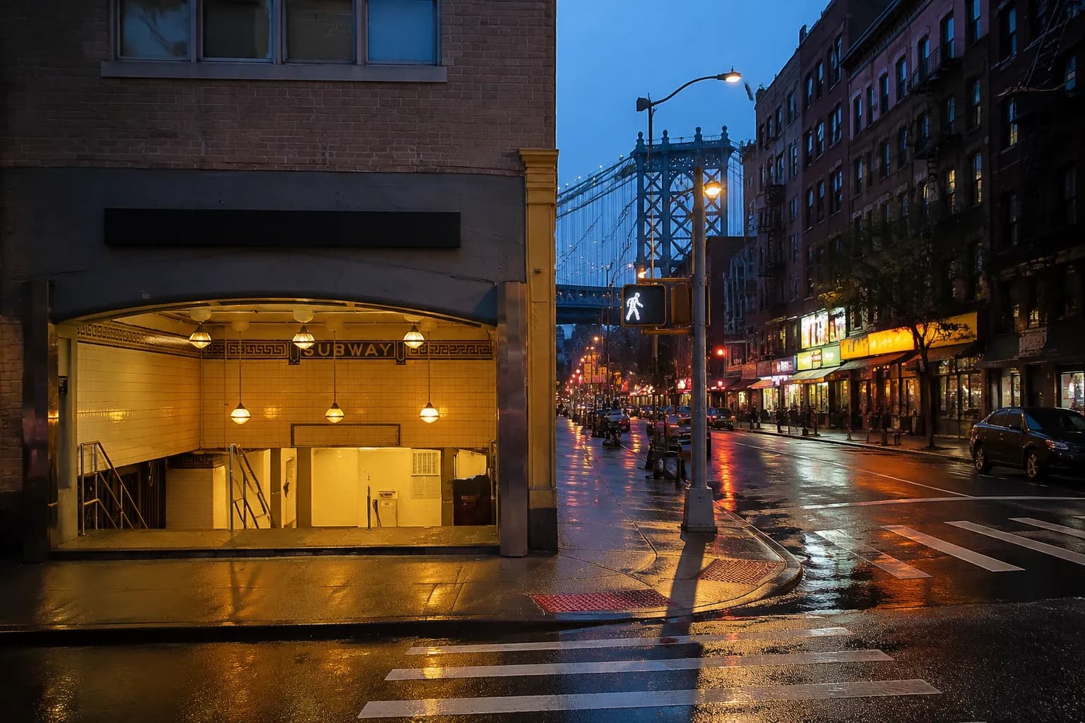 Canal Street subway entrance in Chinatown at dusk with Manhattan Bridge in background