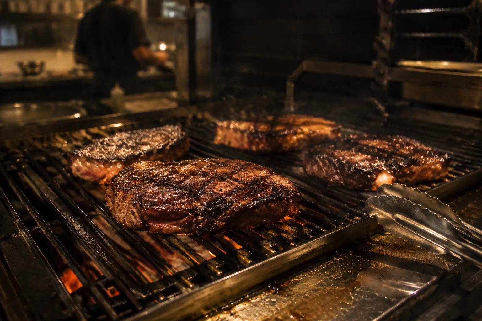 Ribeye steaks cooking on a restaurant grill with visible char marks and glowing coals