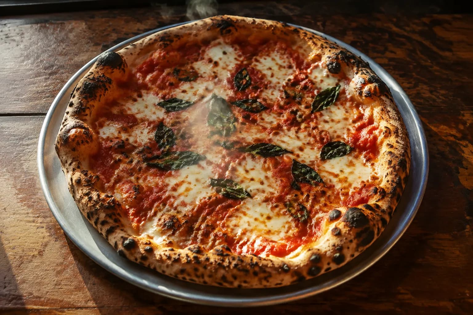 A coal-oven pizza with charred crust and fresh basil on a metal tray at a New York City pizzeria counter.