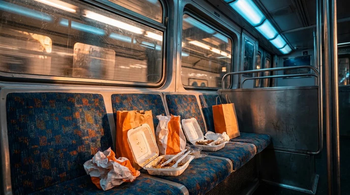 Takeout food containers resting on a New York City subway seat with window light