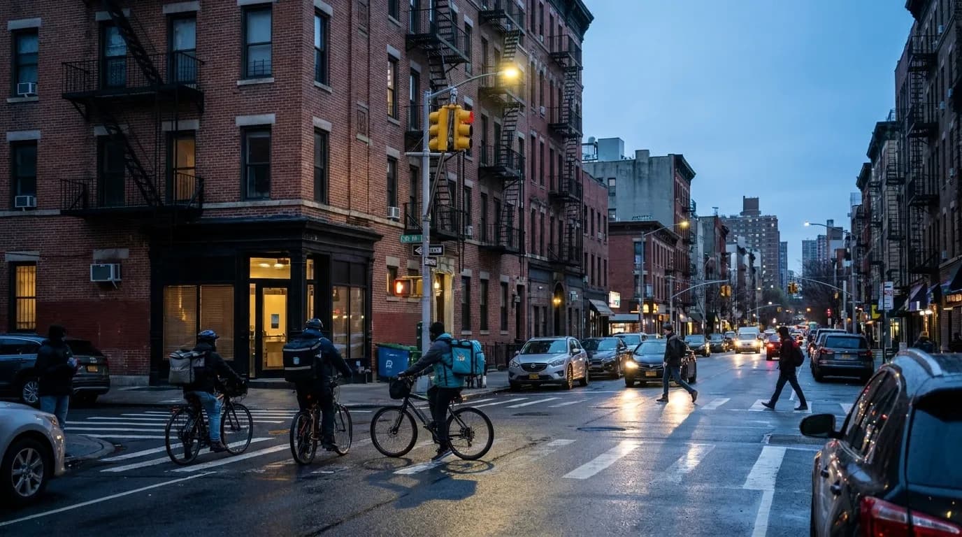 Evening view of a Williamsburg street corner with delivery cyclists and glowing traffic signals