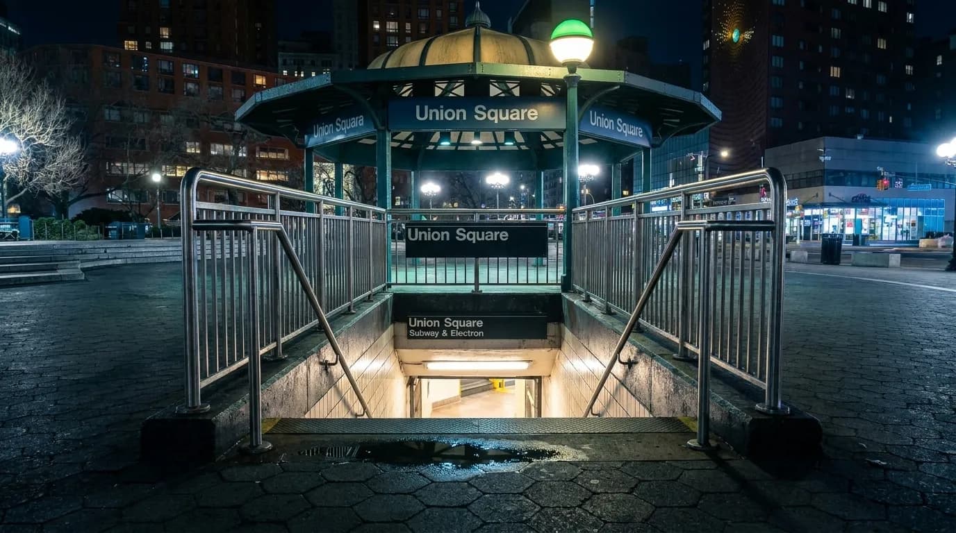 Union Square subway station entrance at night with illuminated green globe and descending stairs