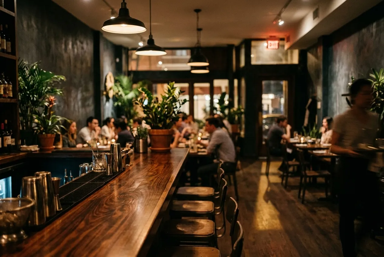 Dark wooden bar counter with stools at a dimly lit Vietnamese restaurant in the East Village