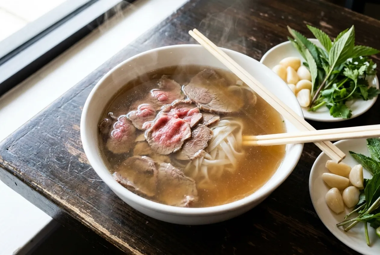 Bowl of pho bac with sliced beef and clear bone broth topped with fresh herbs