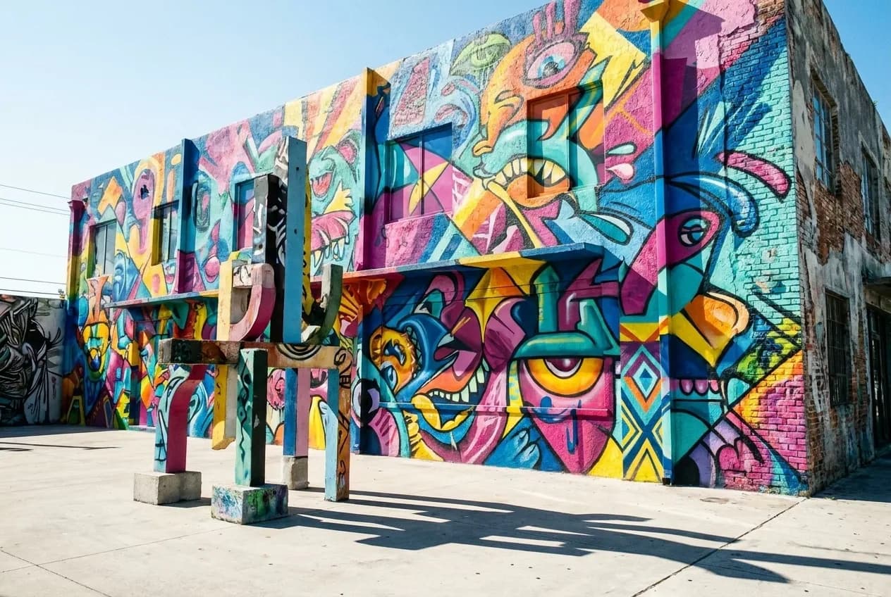 Colorful large-scale street mural covering a building facade in Miami's Wynwood arts district with outdoor sculpture in foreground