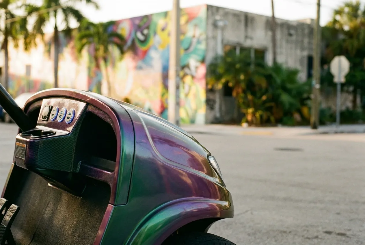 Iridescent art-car golf cart with weatherproof shell parked on a Wynwood street during golden hour