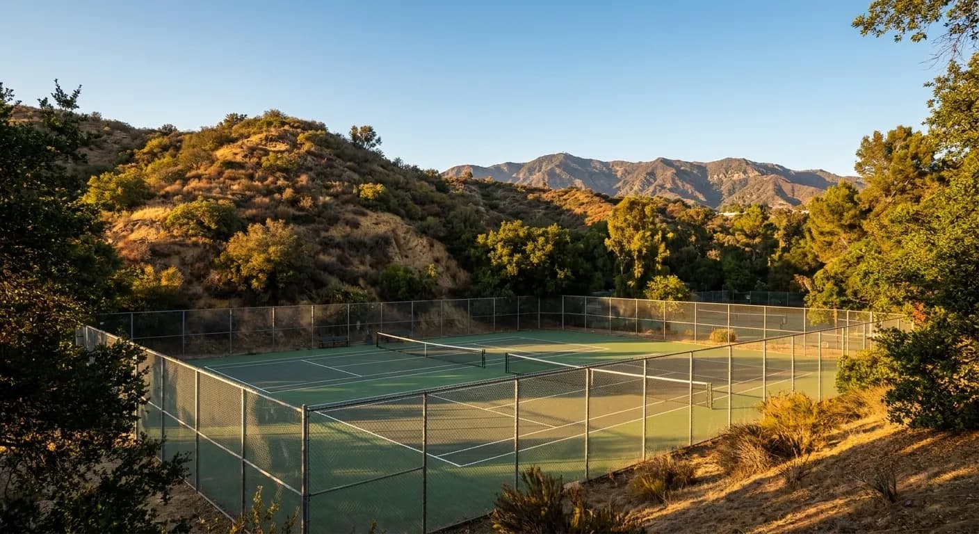 Tennis courts nestled in Griffith Park hillside with surrounding chaparral and mountain views