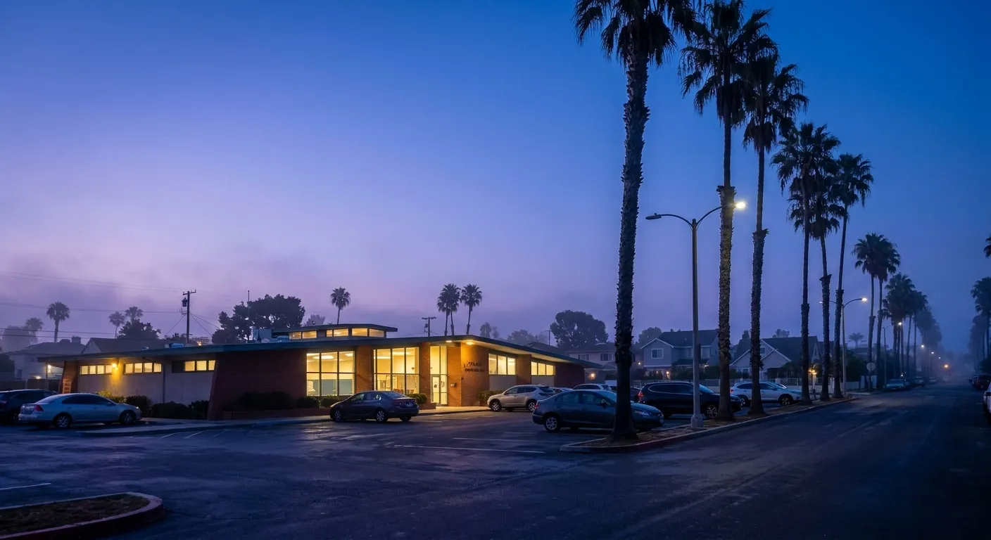 Street view of Penmar Recreation Center with palm trees and parking area on residential Venice block