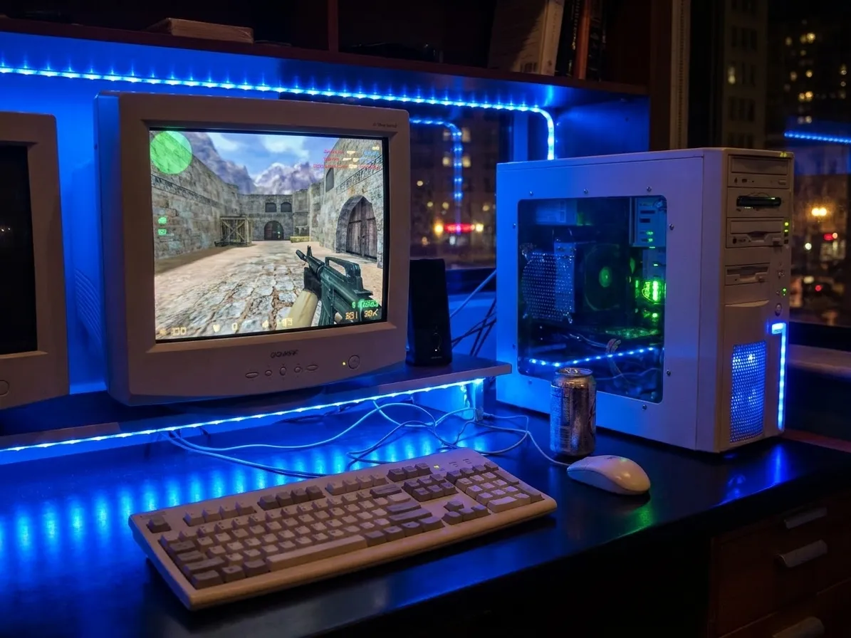 Gaming PC station with mechanical keyboard, gaming mouse, and monitor displaying first-person shooter interface at a Bay Area cyber cafe