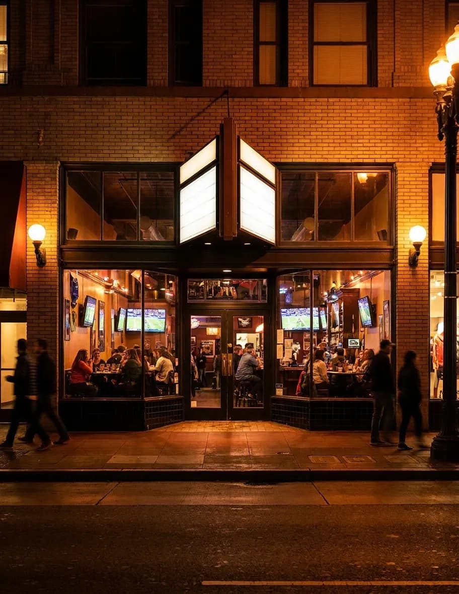 Night exterior of Rikki's women's sports bar on Market Street in the Castro neighborhood with lit storefront