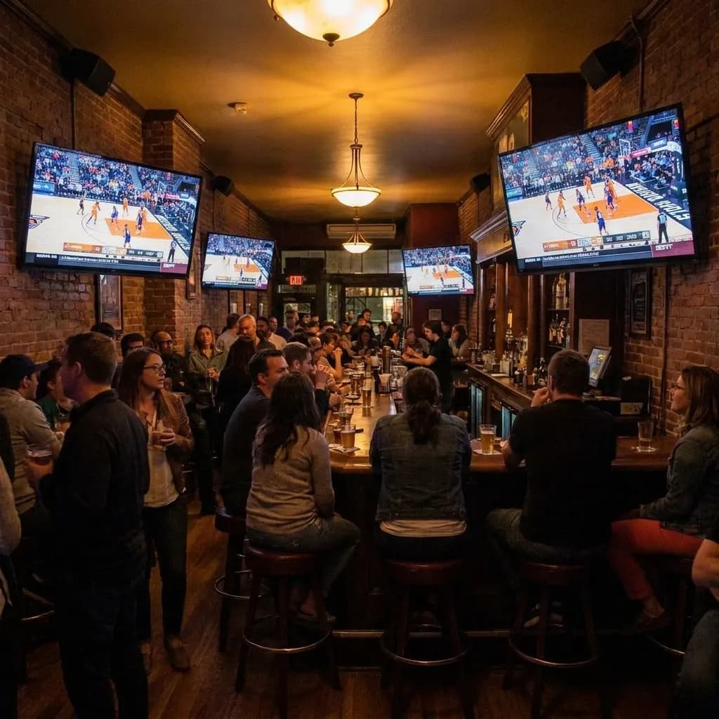 Interior view of Rikki's sports bar in San Francisco's Castro district showing multiple television screens mounted above the bar counter during a women's basketball game