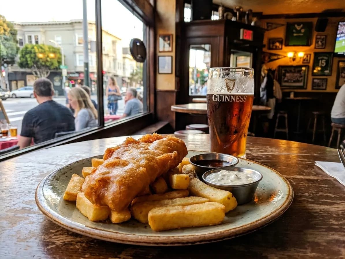 Plate of beer-battered fish and chips with malt vinegar and tartar sauce served at an Irish sports pub in San Francisco