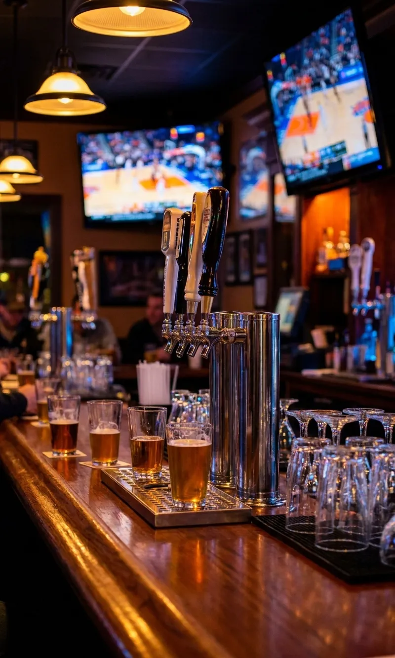 Beer taps and cocktail glasses on a polished bar counter with television screens glowing in the background