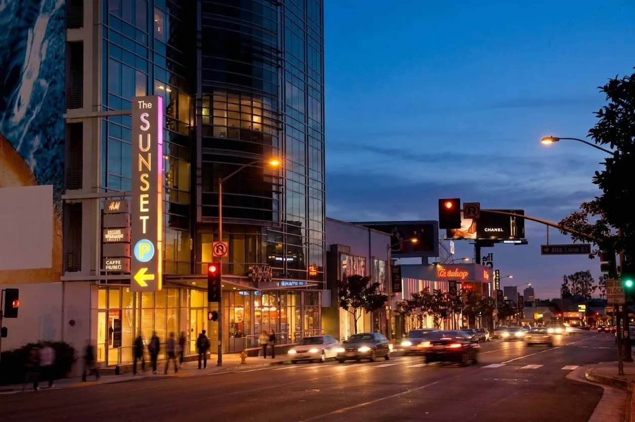 Downtown Los Angeles street view at dusk with illuminated buildings and sidewalk activity near Figueroa Street