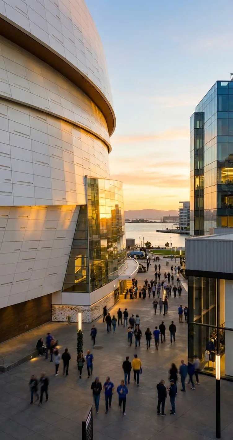 Chase Center's glass facade and entrance plaza in Mission Bay, San Francisco, with the bay visible in the background