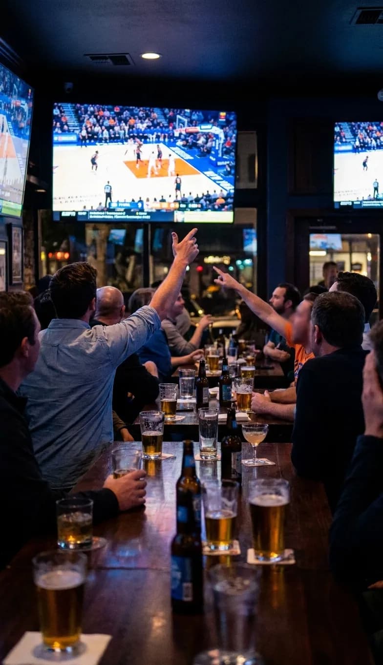 Interior of a San Francisco sports bar with television screens showing a basketball game and bar seating