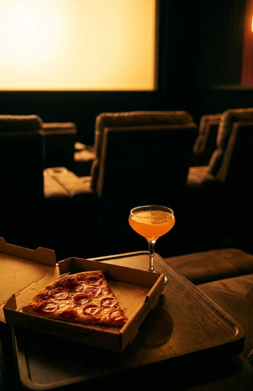 Themed pizza and cocktail on a table at Alamo Drafthouse Cinema with movie theater seating visible in soft focus behind