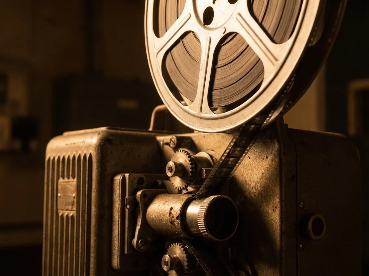 Close view of a 35mm film reel on a vintage projector with warm light illuminating the sprockets and film gate