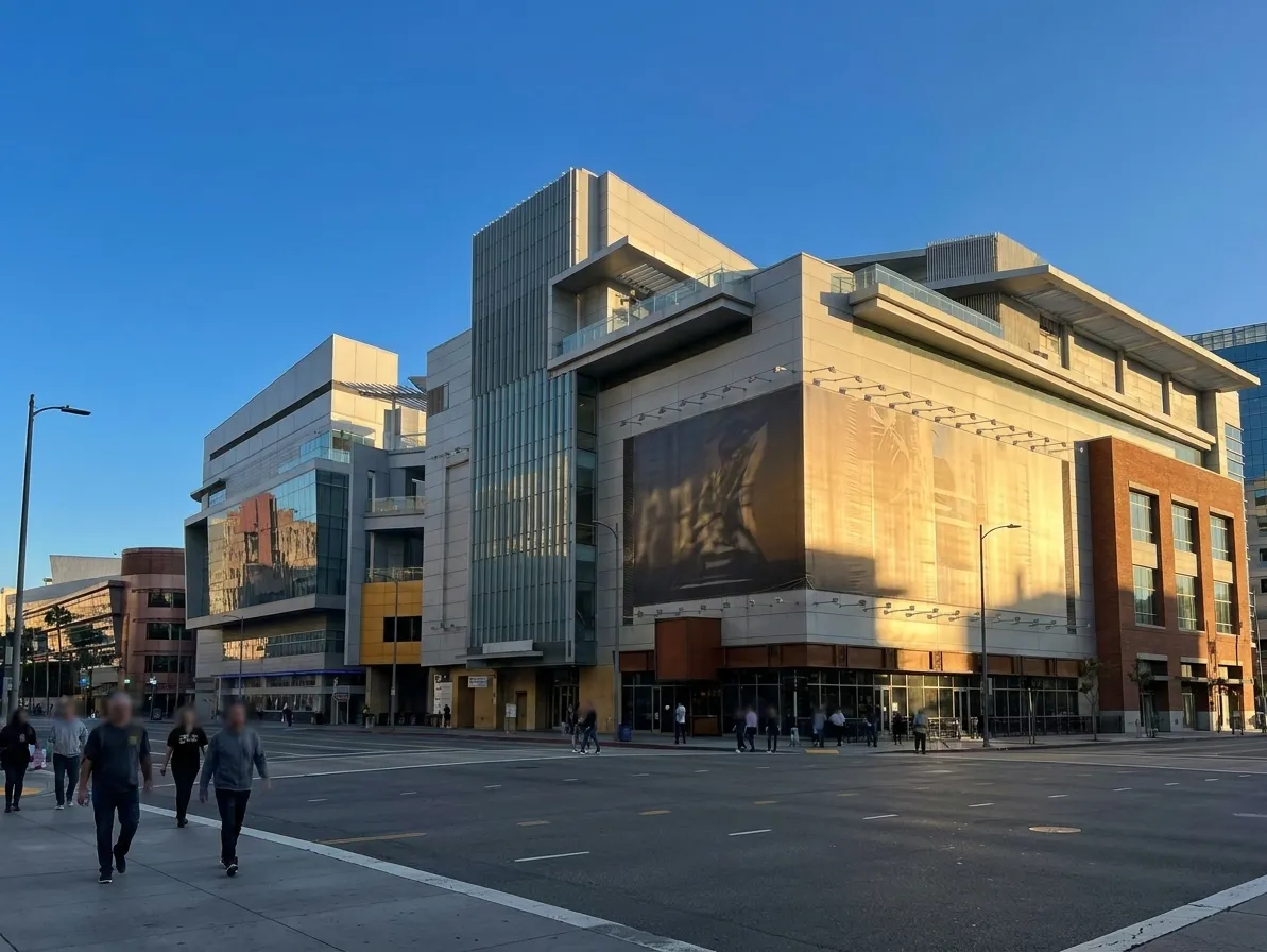Figueroa Street outside L.A. LIVE complex in downtown Los Angeles, showing pedestrian access to Tom's Watch Bar near Crypto.com Arena