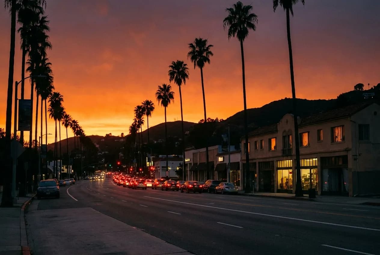 Sunset Boulevard in Echo Park at dusk with palm trees and hills rising behind