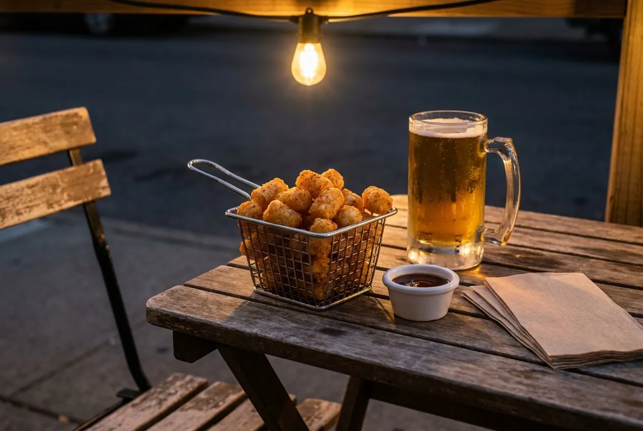 A basket of seasoned tater tots and a glass of draft beer on an outdoor table